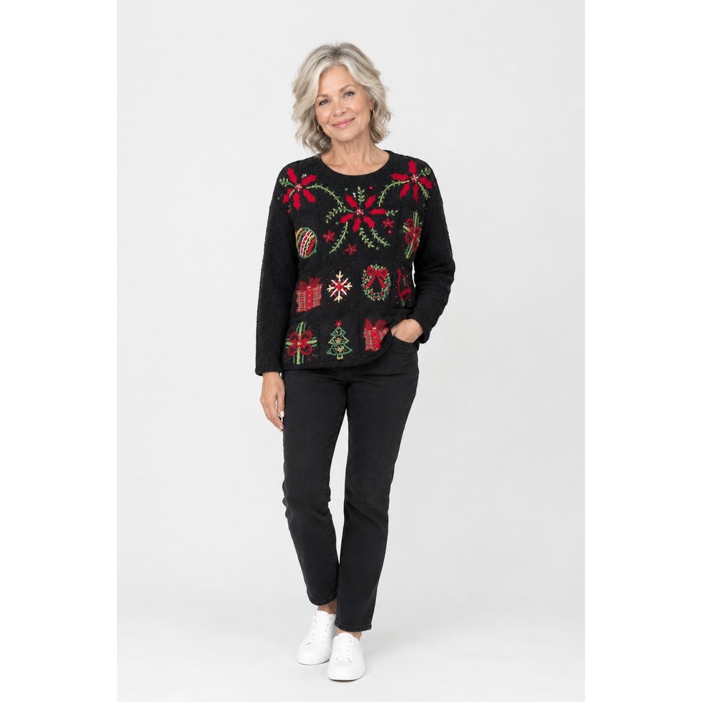 Kathie Lee Vintage Christmas Sweater Black Embroidered Poinsettia Holiday Small